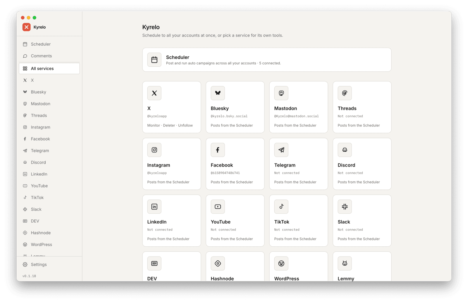 Kyrelo desktop app: the Scheduler, Comments and the 17 services it posts to